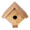 Summer Cedar A simple wooden birdhouse made of summer cedar, with a pitched roof and circular entrance hole, viewed from a slightly elevated angle against a white background. summercedar.com