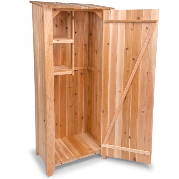 Summer Cedar A 27 Inch Garden Hutch storage cabinet with an open door, revealing its shelves and interior structure, isolated on a white background. summercedar.com