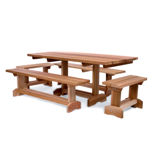 Summer Cedar A Five Piece Picnic Market Table (10 person) with attached benches on a white background. summercedar.com