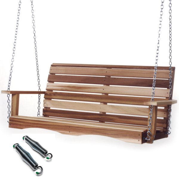 Summer Cedar A Four Foot Porch Swing with Comfort Swing Springs suspended by chains, displayed alongside two heavy-duty springs for shock absorption, available at Summer Cedar. summercedar.com