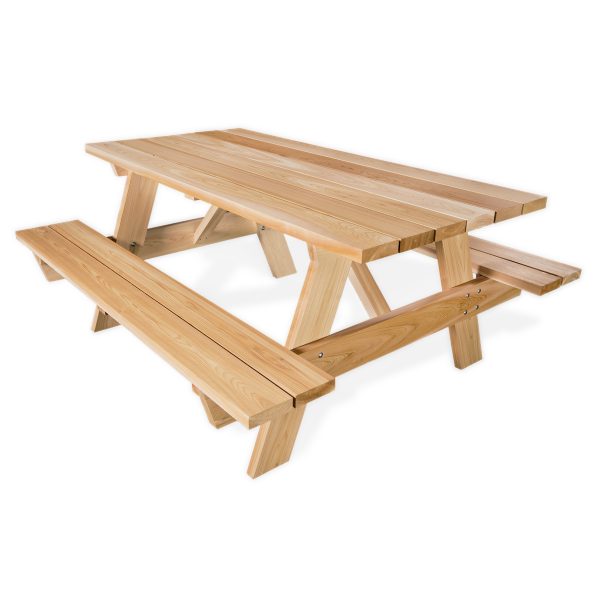 Summer Cedar A new Six Foot Picnic Table with Attached Bench on a white background, perfect for summer. summercedar.com