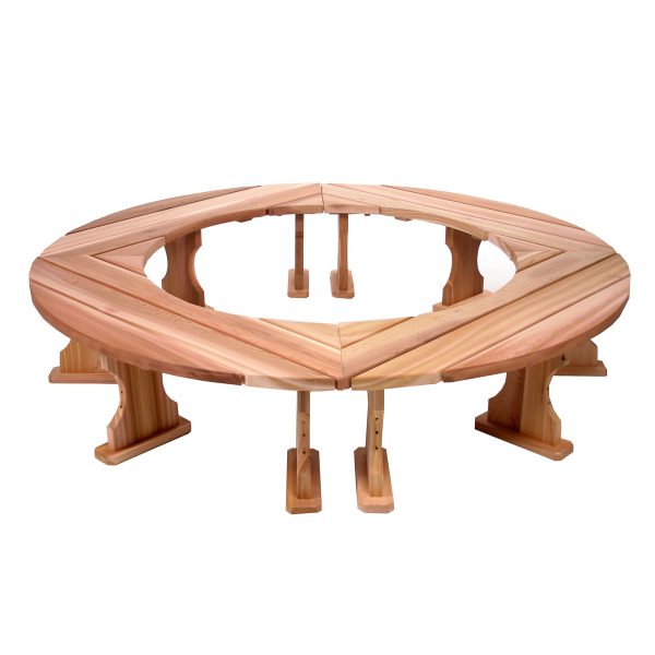 Summer Cedar Unfinished round Fireside Bench Set wooden table frame without a tabletop on a white background. summercedar.com