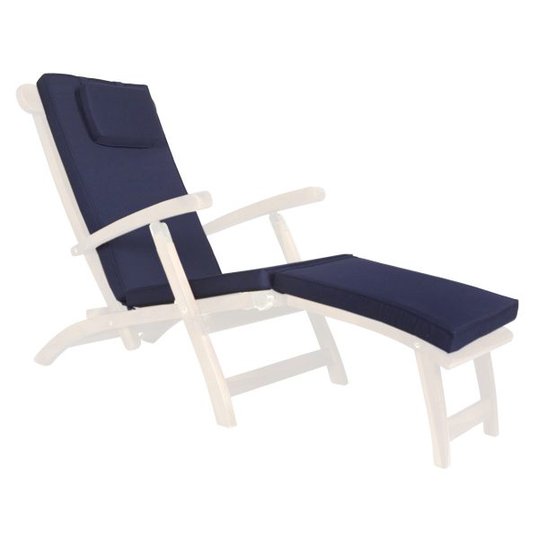 Summer Cedar A white outdoor lounge chair with Steamer Chair Cushions (Blue) isolated on a white background, available at Summer Cedar. summercedar.com
