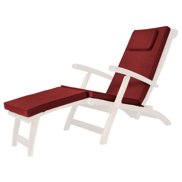 Summer Cedar A white outdoor lounge chair with a plush Steamer Chair Cushion (Red) ready for a relaxing day in the sun. Experience comfort and style with SummerCedar.com. summercedar.com