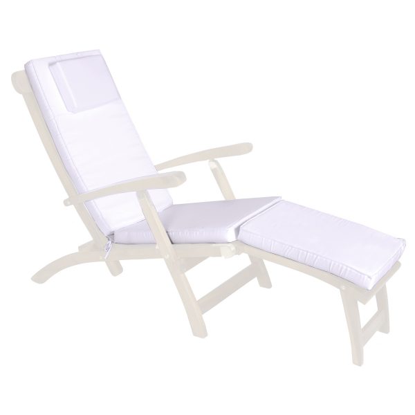 Summer Cedar White Steamer Chair Cushion (Royal White) with cushions isolated on a white background, available at Summer Cedar. summercedar.com