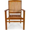 Summer Cedar A sturdy wooden chair with vertical slats on the backrest and a flat slated seat, featured on Summer Cedar, isolated against a white background. summercedar.com