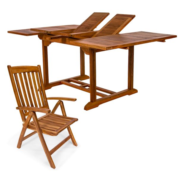 Summer Cedar An expandable wooden table with its central leaf partially raised, beside a matching folding chair from Five piece Butterfly Table and Folding Arm Set, both set against a white background. summercedar.com