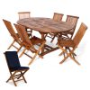 Summer Cedar An elegant, Summer Cedar wooden outdoor dining table set with six matching chairs, one of which is adorned with a dark blue seat cushion. summercedar.com