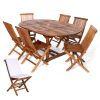 Summer Cedar A wooden outdoor dining set with one table and six chairs on a white background, one chair pulled out slightly from the table and featuring a white cushion. summercedar.com