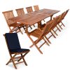 Summer Cedar Elegant cedar wooden outdoor dining furniture set with one chair featuring a navy blue cushion, isolated on a white background. summercedar.com