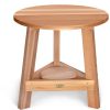 Summer Cedar A round wooden stool with sturdy legs and a reinforcing crossbar by Two Piece Tripod Adirondack Set, isolated on a white background. summercedar.com