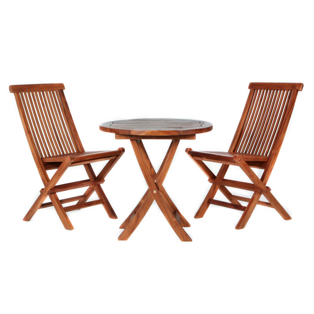 Beautiful teak dining table set up outdoors with chairs and natural finish