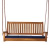 Summer Cedar Wooden porch swing with blue cushions suspended by ropes, isolated on a white background, available at summercedar.com. summercedar.com