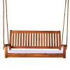 Summer Cedar Wooden porch swing with white cushions suspended by ropes, isolated on a white background, available at Summer Cedar. summercedar.com