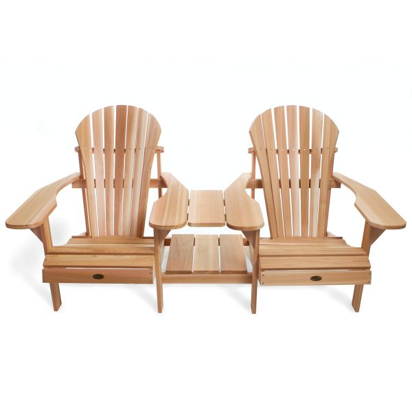 Summer Cedar Two wooden Athena Side Tete-a-Tete Adirondack chairs with a shared side table on a white background, inviting a relaxing outdoor seating conversation. summercedar.com