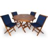 Summer Cedar A Summer Cedar wooden patio dining set with four blue cushioned chairs arranged around a hexagonal table, isolated on a white background. summercedar.com