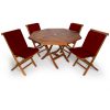 Summer Cedar An octagonal cedar wooden patio dining set with four foldable chairs adorned with red cushions, isolated on a white background.
 summercedar.com