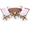 Summer Cedar A wooden outdoor dining set with a square table and four folding chairs with white cushions on a white background, perfect for summer from SummerCedar.com. summercedar.com