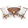 Summer Cedar A wooden patio dining set, perfect for summer, with four folding chairs and a square table, isolated on a white background. summercedar.com