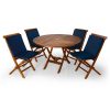 Summer Cedar A wooden circular outdoor dining table set with four matching foldable chairs with blue cushions, isolated on a white background. summercedar.com