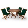 Summer Cedar A set of four green padded chairs neatly arranged around a round wooden outdoor table, all against an isolated white background. summercedar.com