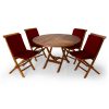 Summer Cedar A wooden round table with four matching chairs that have red cushions, arranged on a white background. summercedar.com