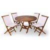 Summer Cedar A wooden outdoor dining set with a round table and four folding chairs with white cushions, isolated on a white background. summercedar.com