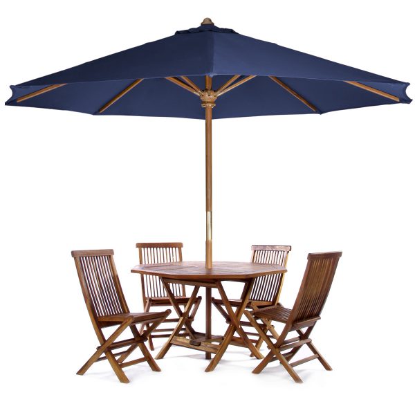 Summer Cedar A Six Piece 4 foot Teak Octagon Folding Table Set with Umbrella consisting of an octagon table and four chairs under a large blue umbrella, isolated on a white background. summercedar.com