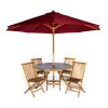 Summer Cedar Outdoor patio dining set with a large red umbrella and wooden chairs around a matching wooden table, isolated on a white background. summercedar.com