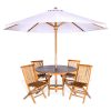 Summer Cedar Outdoor wooden dining set for four under a large white patio umbrella, isolated on a white background. summercedar.com