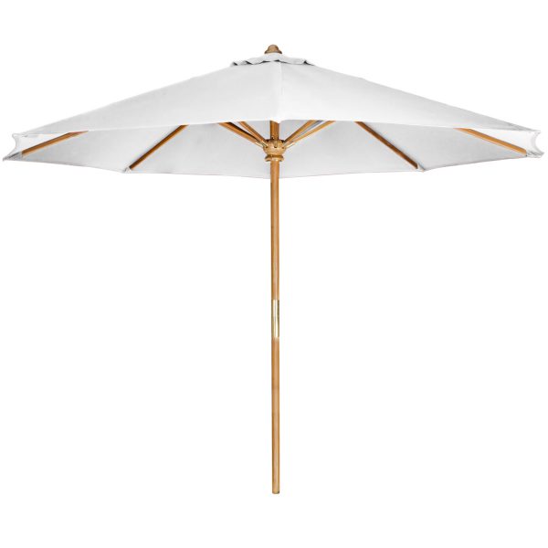 Summer Cedar A large white 10-foot Teak Market Umbrella with a teak pole and ribs, fully opened against a white background. summercedar.com
