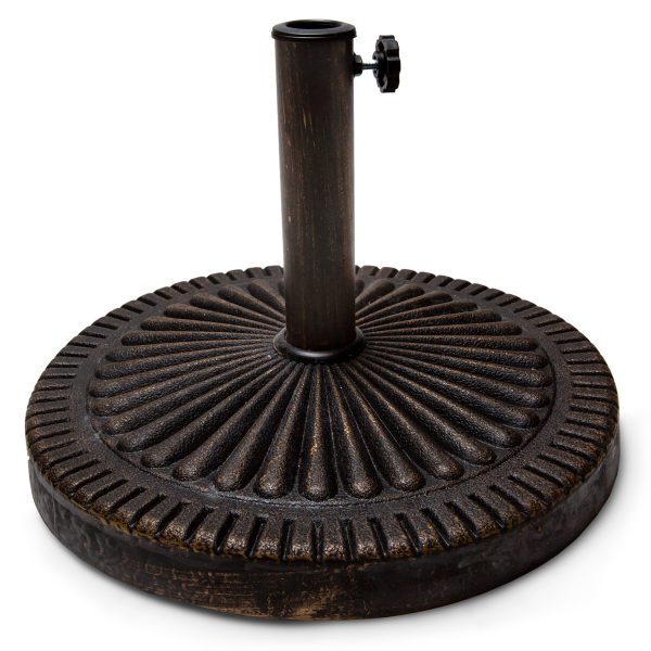 Summer Cedar A heavy, circular cast iron Patio Umbrella Stand with a rusted texture and a central support post with an adjustable screw. summercedar.com