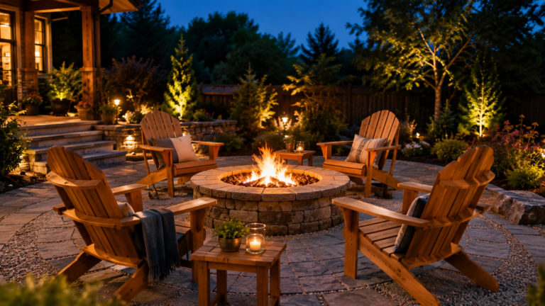 Backyard fire pit ideas featuring cedar Adirondack chairs around a stone fire pit at dusk
