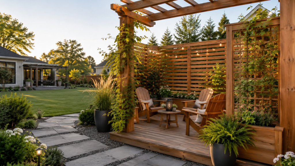 Cedar privacy screen and patio furniture creating privacy in an open backyard
