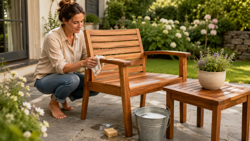 Homeowner using a soft brush and mild soap to clean wood patio furniture
