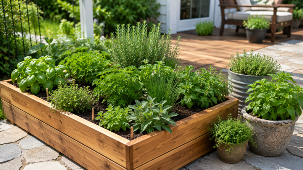 Backyard herb garden with basil, rosemary, chives, thyme, sage, and mint growing in a cedar raised bed on a sunny patio