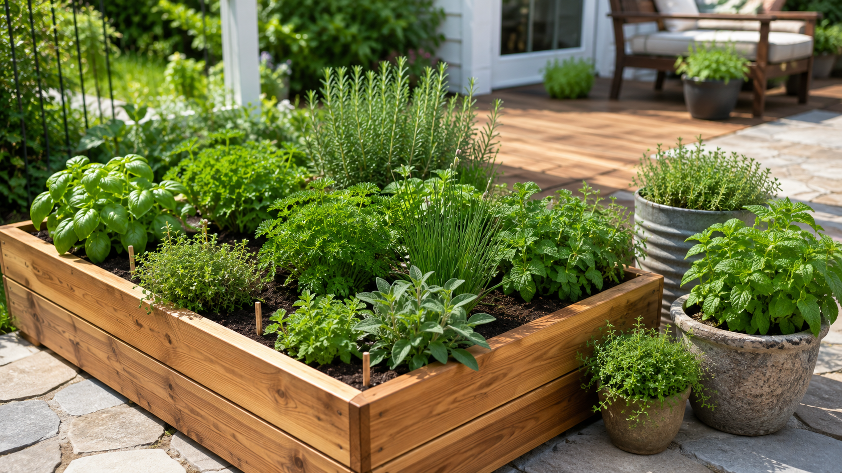 Backyard herb garden with basil, rosemary, chives, thyme, sage, and mint growing in a cedar raised bed on a sunny patio