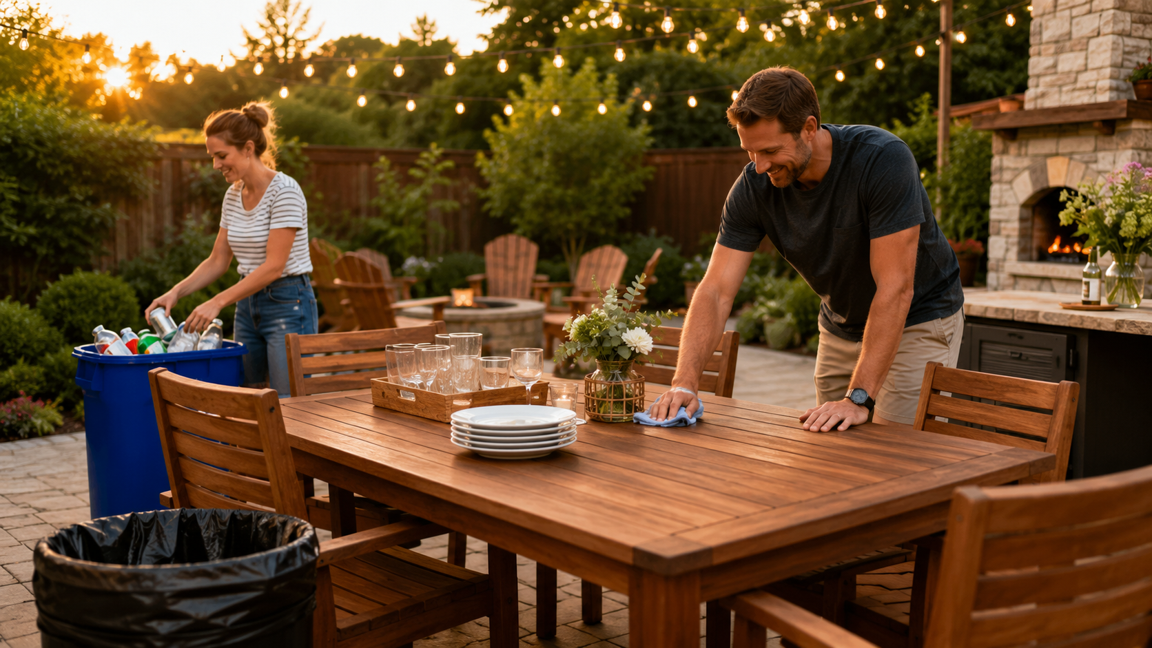 Homeowners completing outdoor party cleanup on a backyard patio