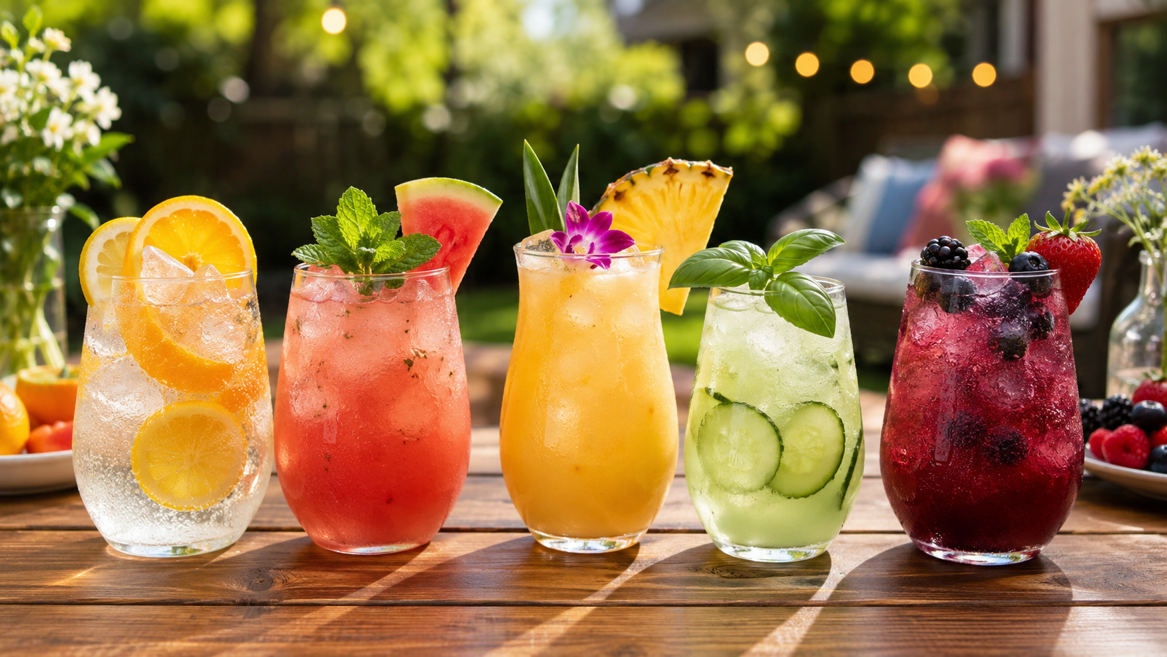 Five refreshing mocktail recipes with citrus, watermelon, pineapple, cucumber, basil, and mixed berries served outdoors.